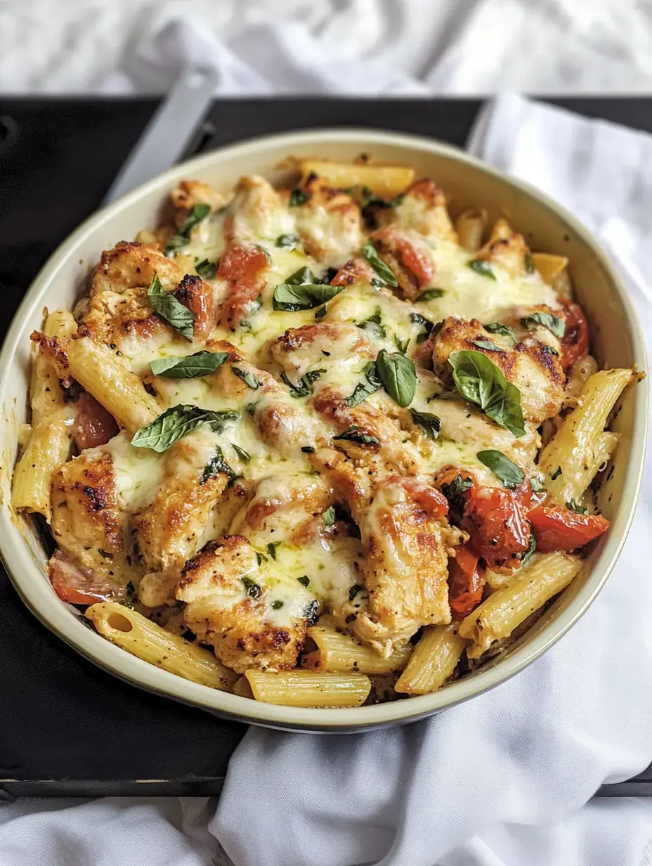 A baked pasta dish featuring rigatoni, chicken, cherry tomatoes, and melted cheese, garnished with fresh basil.