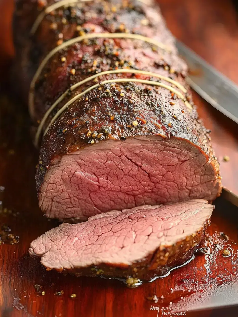 A perfectly cooked and sliced beef roast, garnished with spices and displayed on a wooden cutting board.