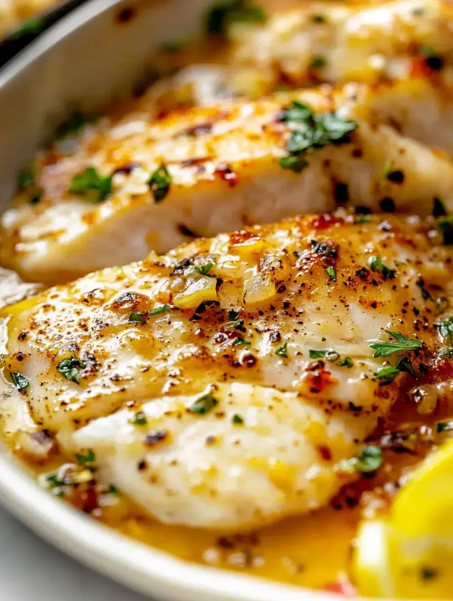 A close-up image of tender fish fillets garnished with herbs and drizzled with a golden sauce.