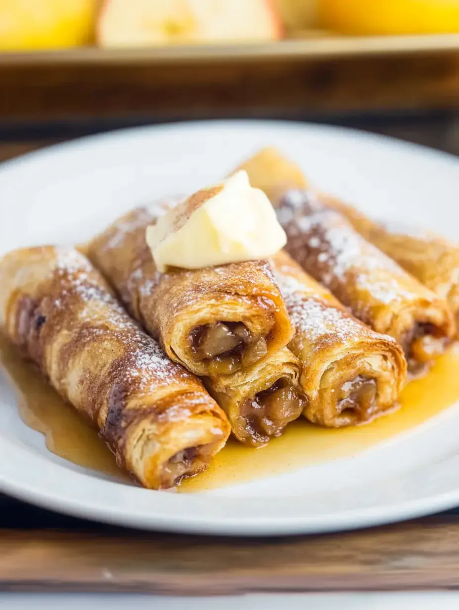 A plate of rolled pancakes filled with apple filling, topped with a pat of butter and dusted with powdered sugar, served with syrup.