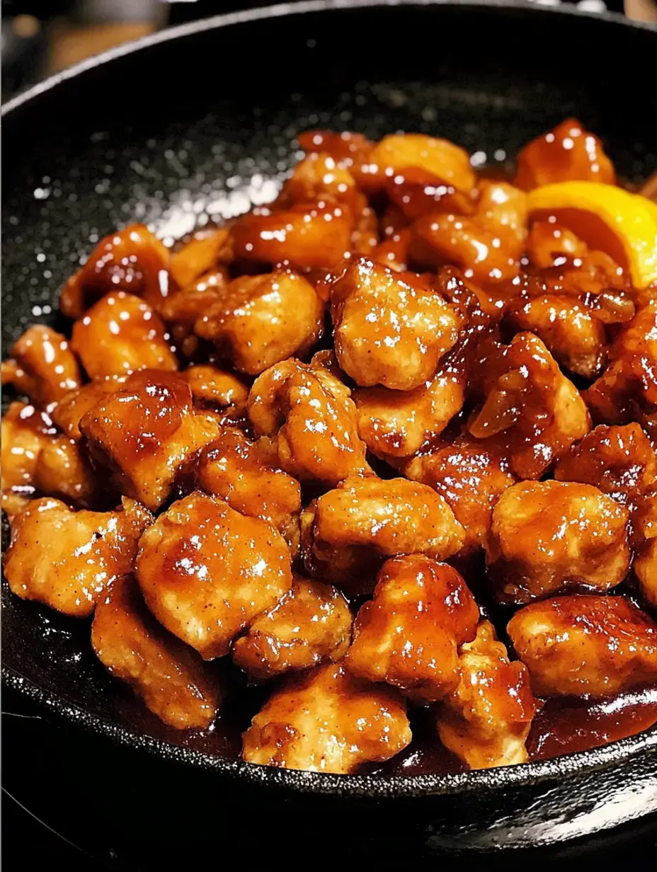 A close-up of cooked chicken pieces glazed in a shiny brown sauce, garnished with a slice of orange, in a black frying pan.