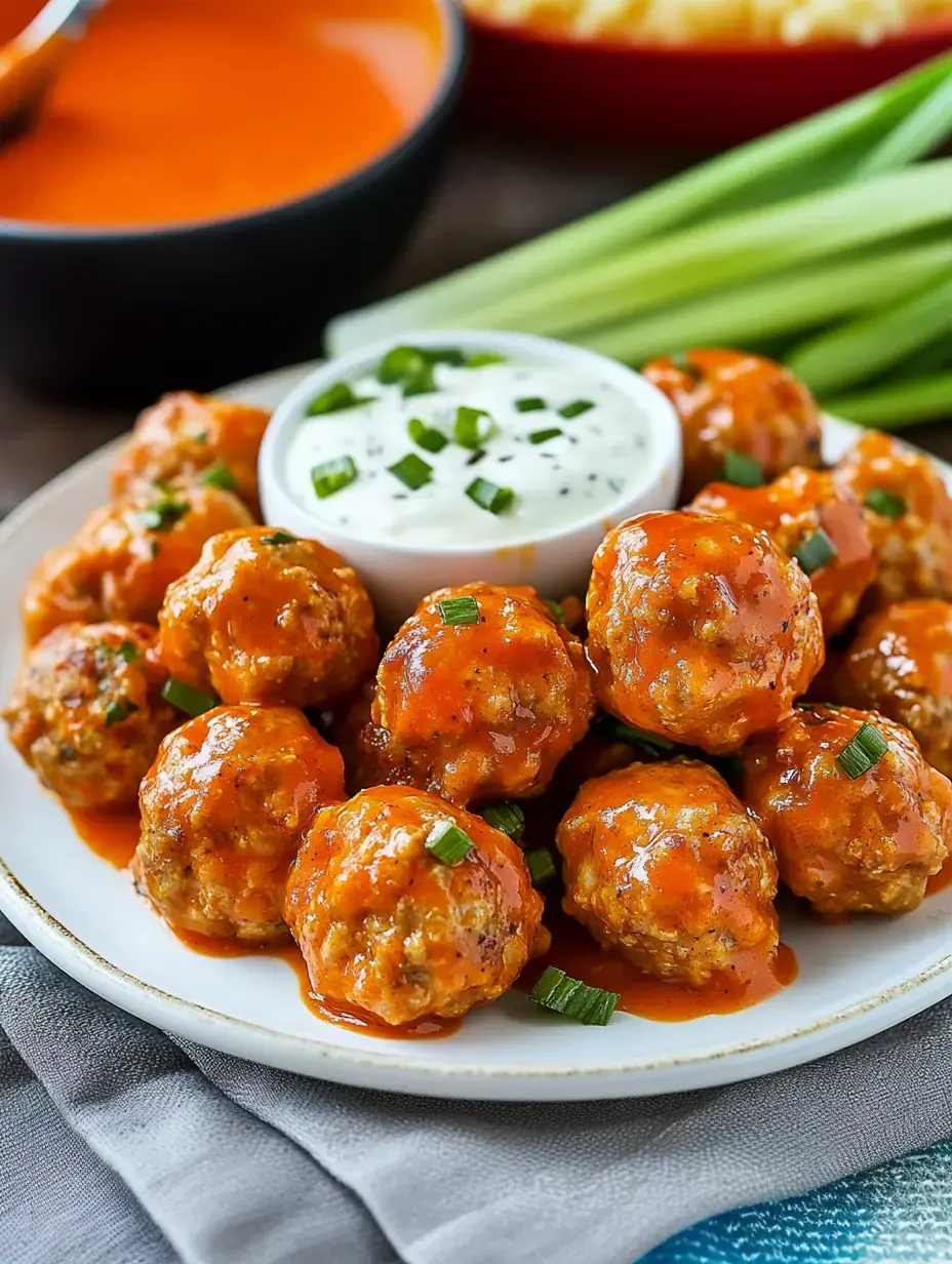 A plate of spicy meatballs drizzled with sauce, accompanied by a bowl of ranch dressing and celery sticks.