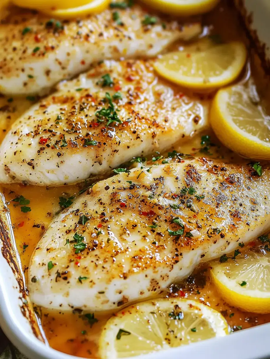 Baked fish fillets are garnished with herbs and surrounded by lemon slices in a savory sauce.