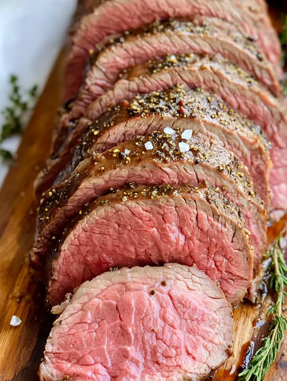 Sliced medium-rare roast beef garnished with seasonings and herbs on a wooden serving board.