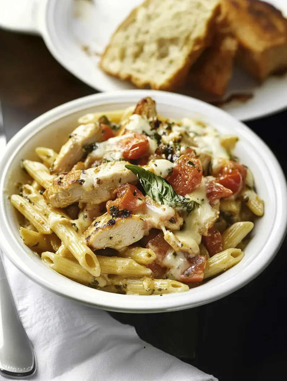 A bowl of pasta with grilled chicken, cherry tomatoes, and melted cheese, accompanied by a plate of bread in the background.