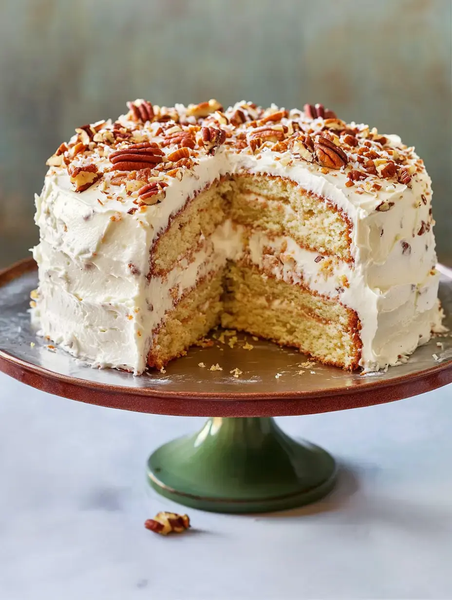 A three-layer cake with creamy frosting and chopped pecans, partially sliced and displayed on a decorative stand.