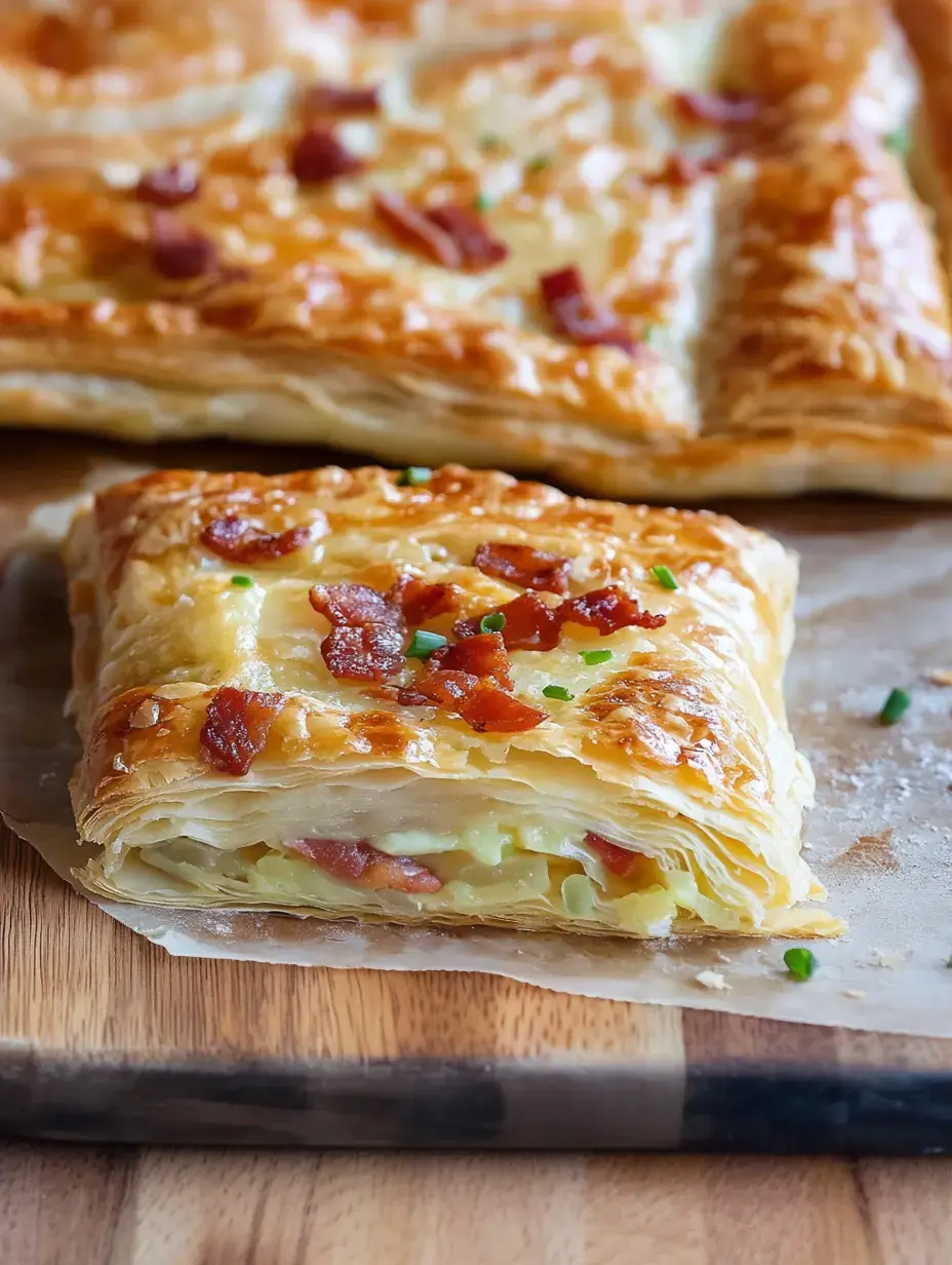 A flaky pastry filled with chopped bacon and vegetables, placed on a wooden cutting board.