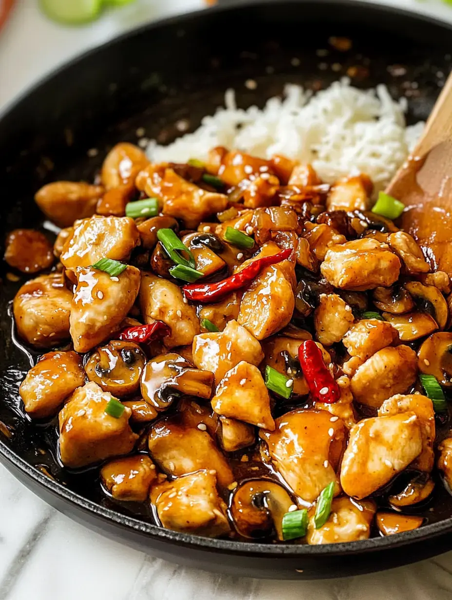 A close-up of a skillet filled with sautéed chicken pieces, mushrooms, and green onions in a dark sauce, served alongside white rice.