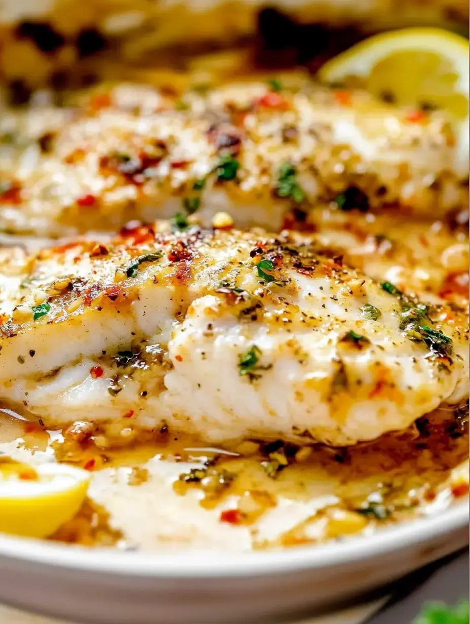 A close-up of two pieces of baked fish seasoned with herbs and spices, garnished with lemon slices.