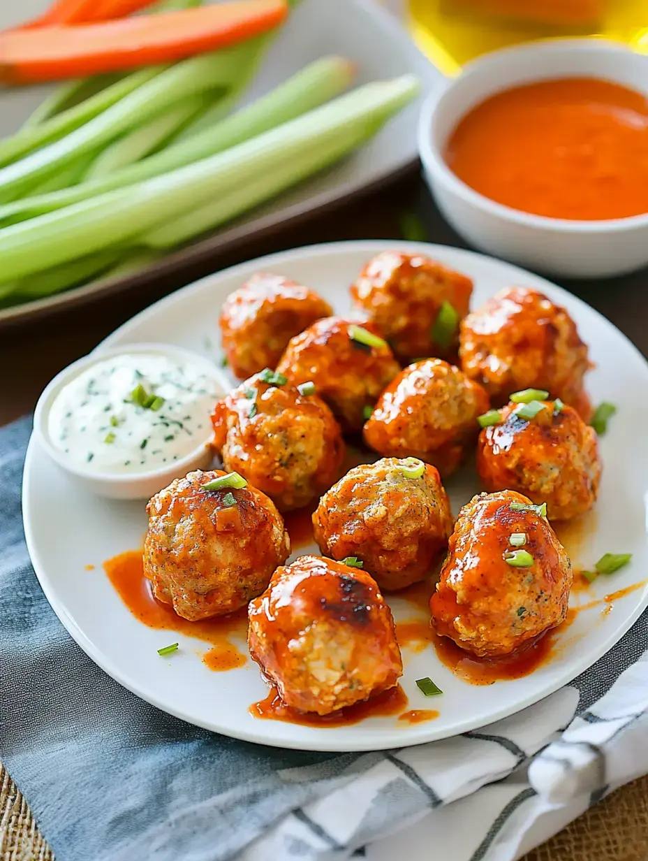 A plate of spicy meatballs drizzled with sauce, accompanied by a side of creamy dip and fresh vegetable sticks.