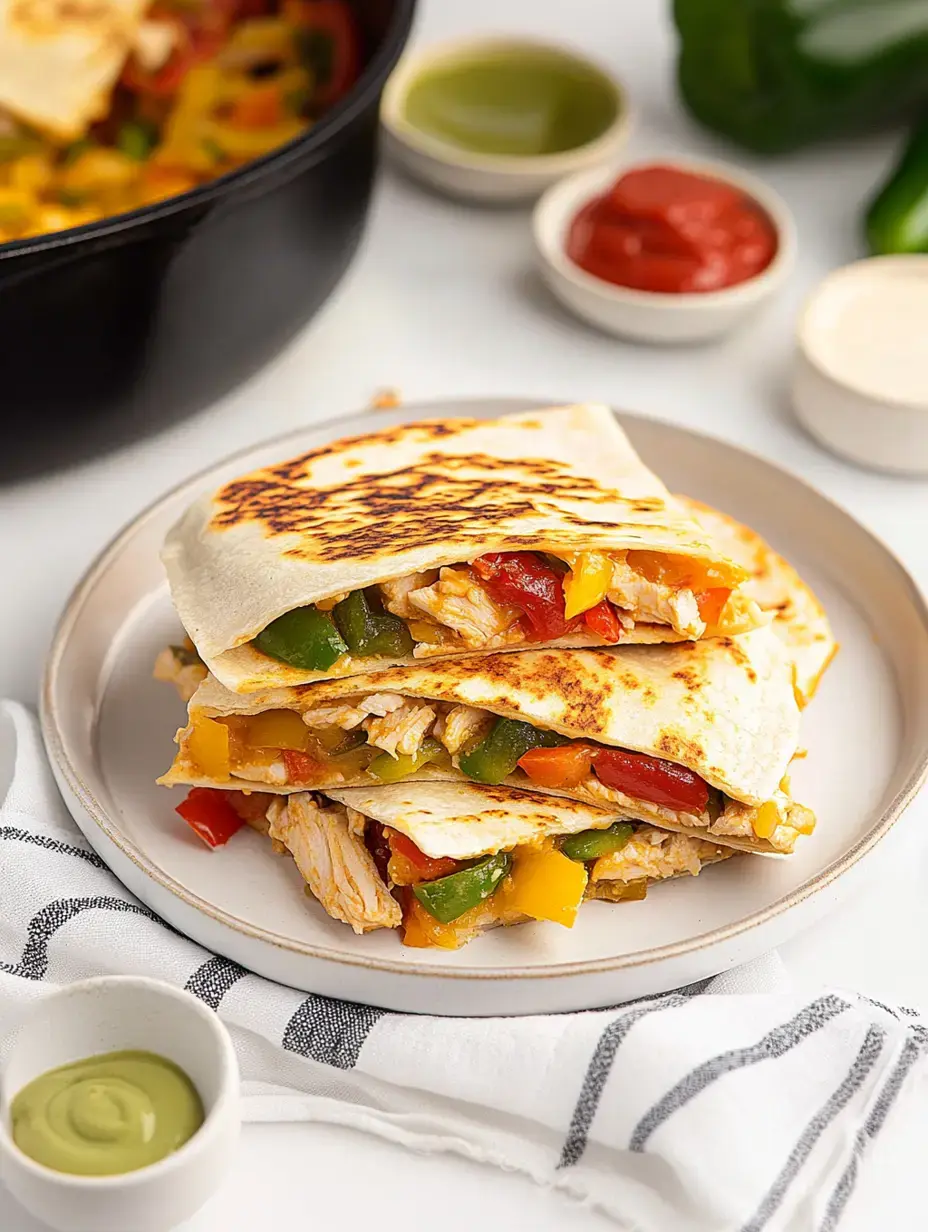 A plate stacked with grilled chicken quesadillas filled with colorful bell peppers, accompanied by small bowls of sauces.