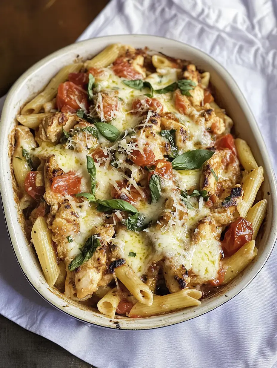 A baked pasta dish featuring penne, chicken, tomatoes, melted cheese, and fresh basil.