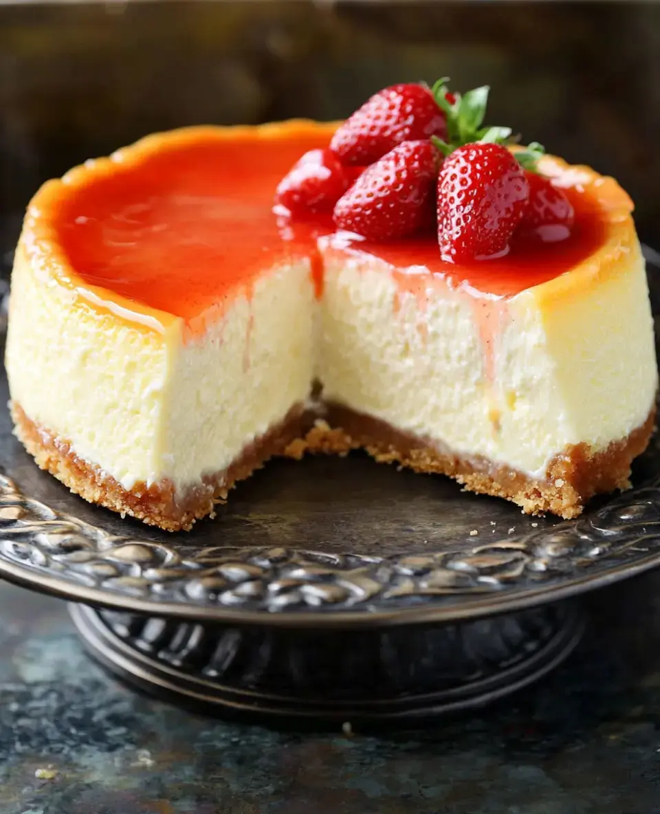 A sliced cheesecake topped with strawberry glaze and fresh strawberries sits on an ornate serving plate.