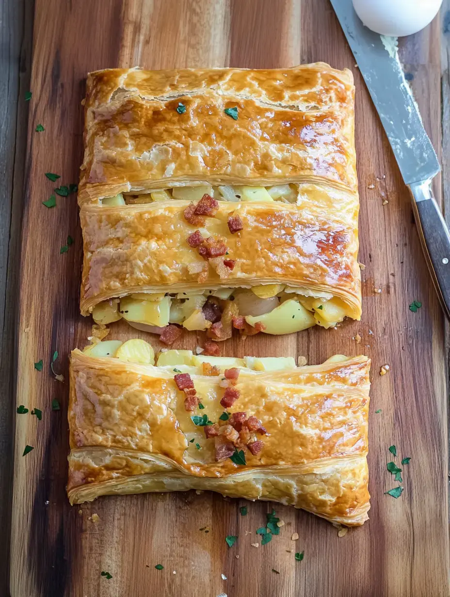 A freshly baked pastry filled with potatoes and bacon, garnished with herbs, is displayed on a wooden board alongside a knife and an egg.