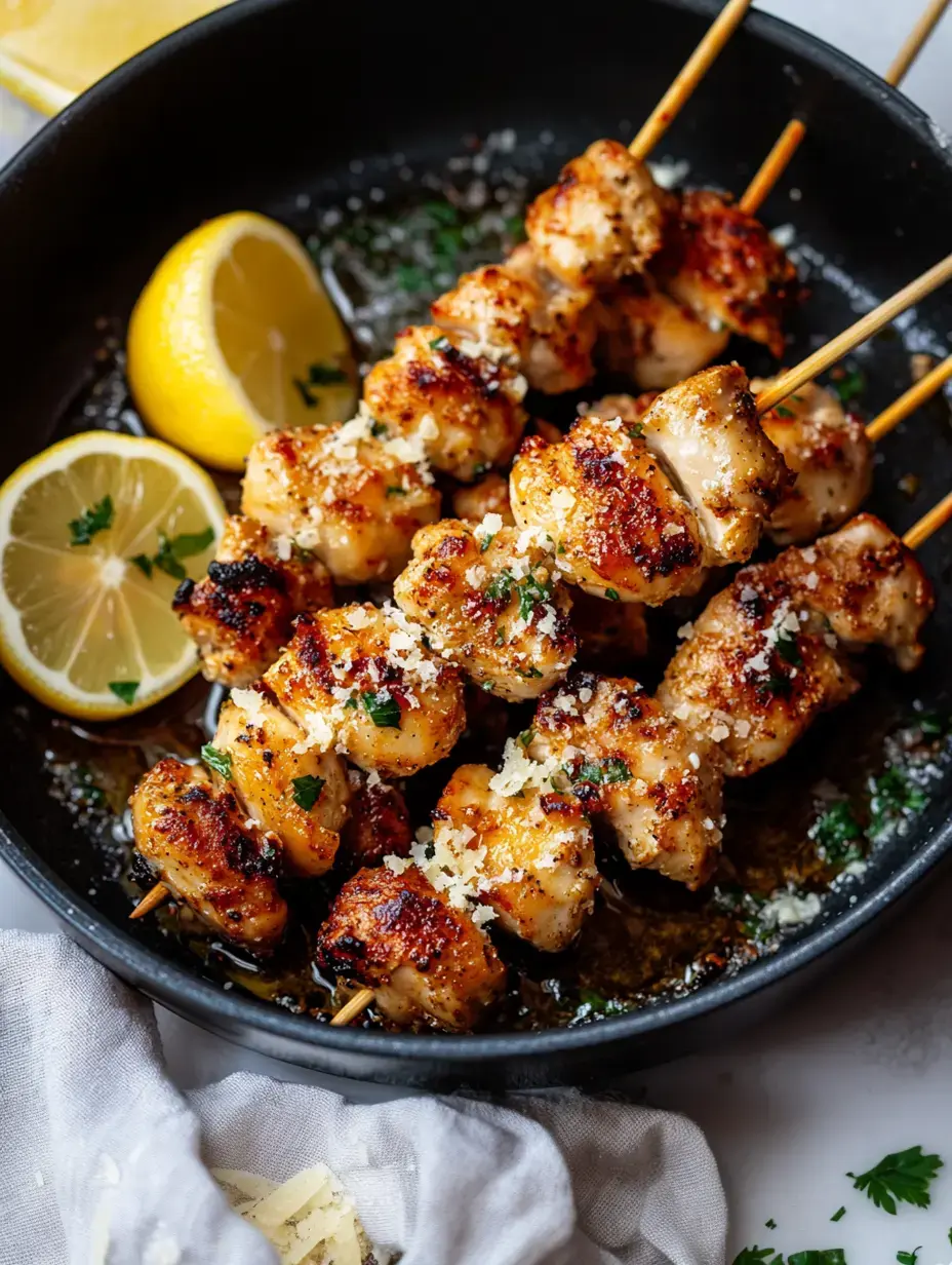 Grilled chicken skewers garnished with parsley and served with lemon wedges in a black skillet.