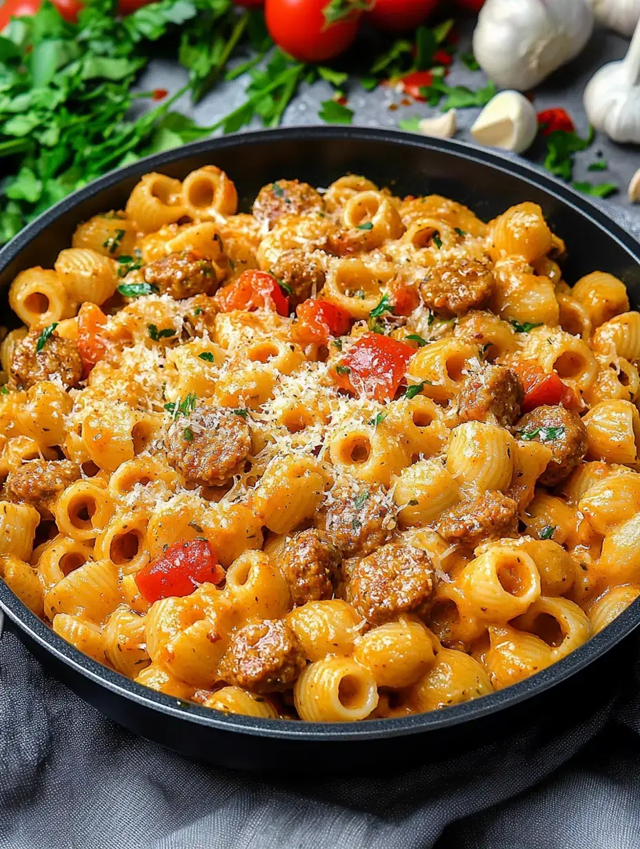 A close-up of a bowl of pasta with sausage, tomatoes, and sprinkled cheese, garnished with herbs, surrounded by fresh vegetables.