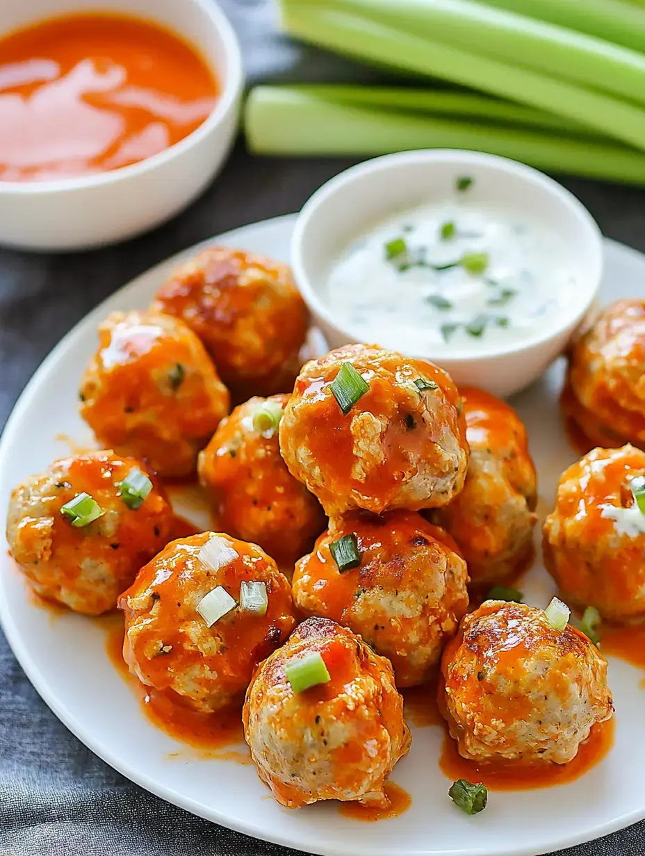 A plate of cooked meatballs coated in buffalo sauce is garnished with green onions, accompanied by ranch dressing and celery sticks.