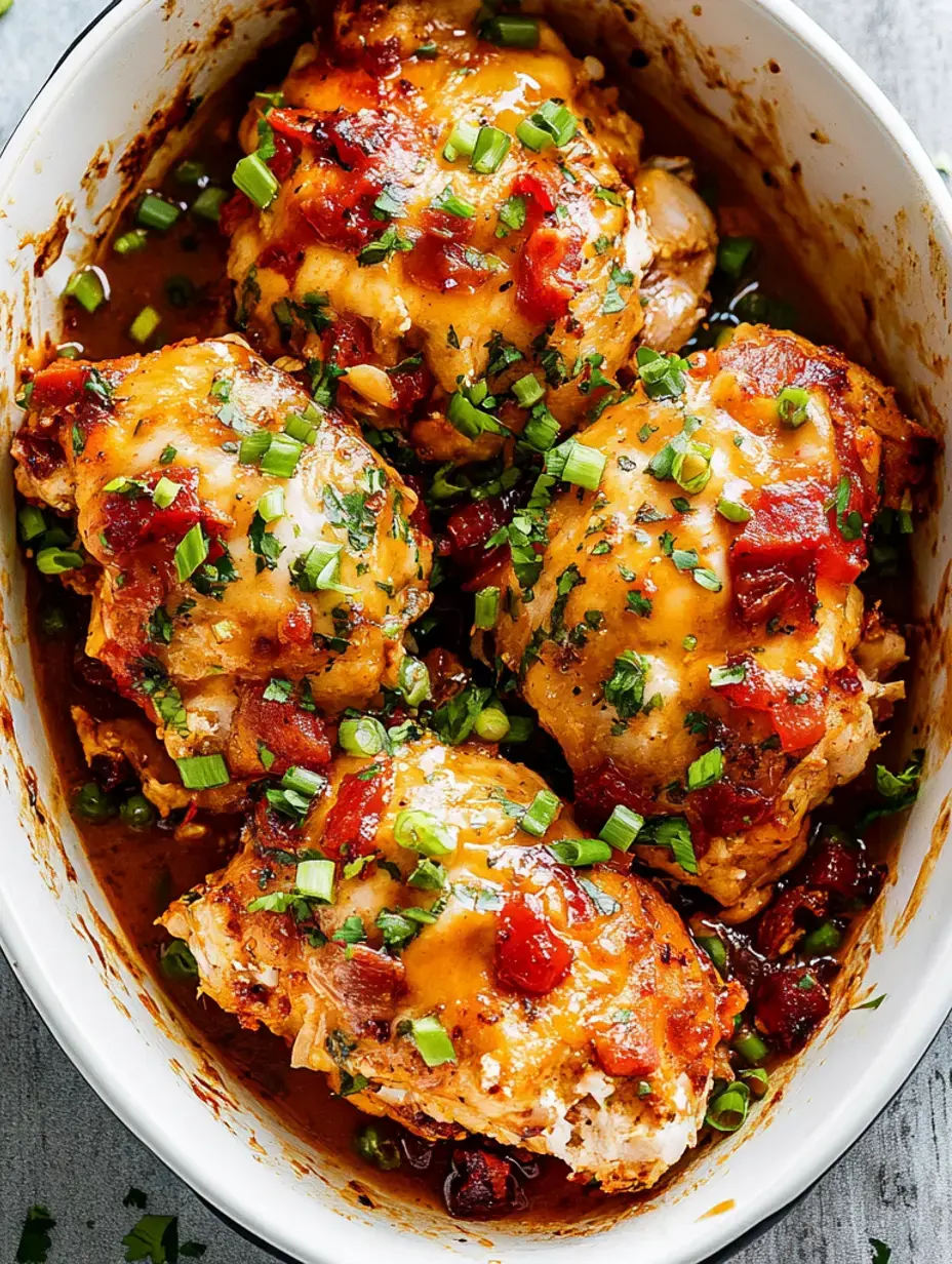 A baked dish of chicken thighs topped with melted cheese, diced tomatoes, and green onions in a flavorful sauce.