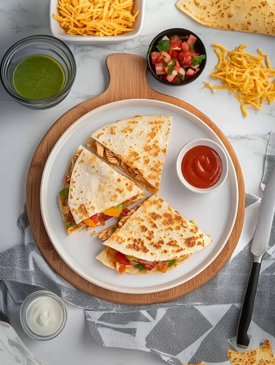 A plate of sliced quesadillas filled with colorful vegetables and chicken, accompanied by salsa, green sauce, shredded cheese, and a small bowl of sour cream on a wooden serving board.