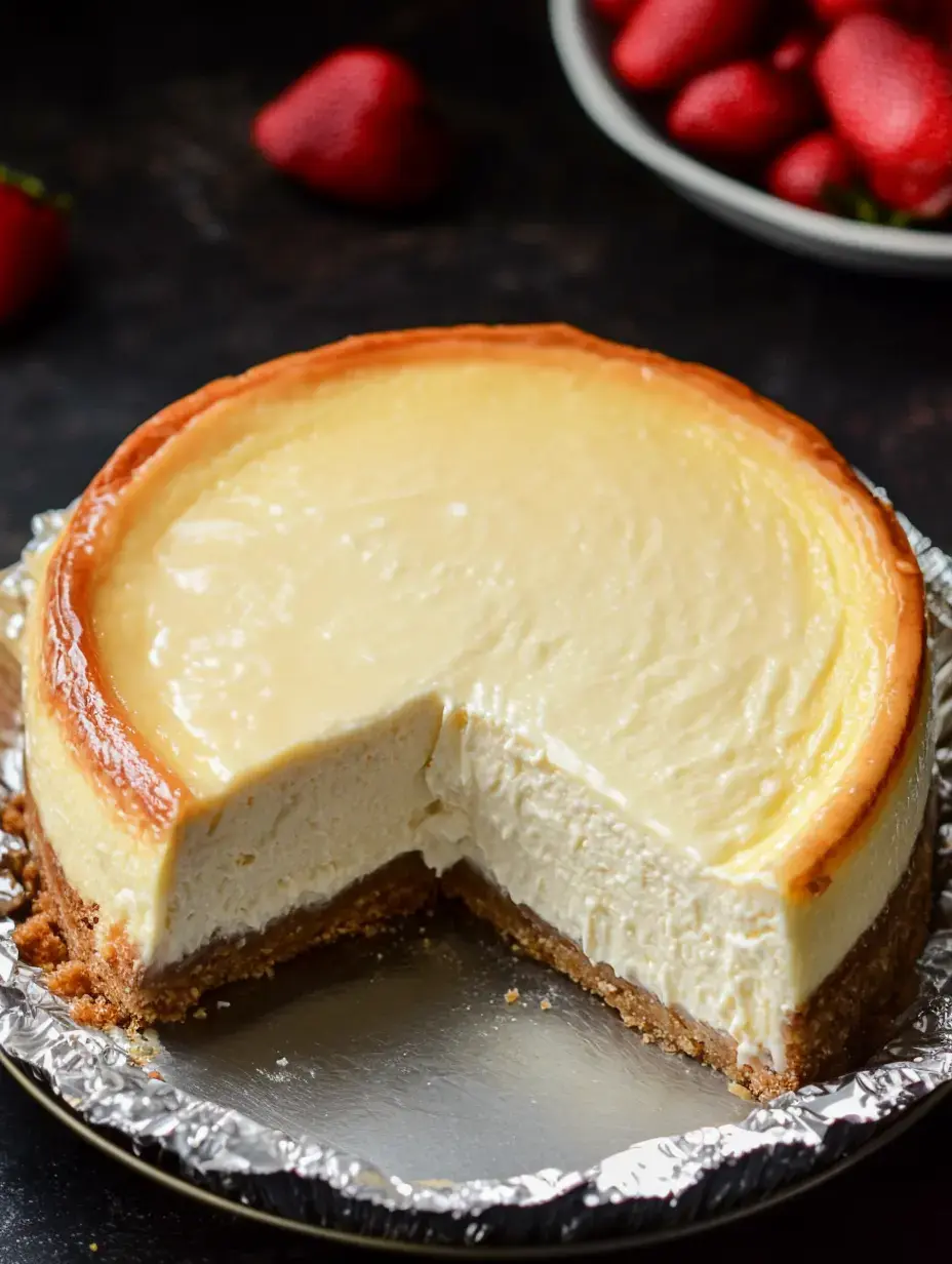 A creamy cheesecake with a slice removed sits on a silver platter, accompanied by fresh strawberries in the background.