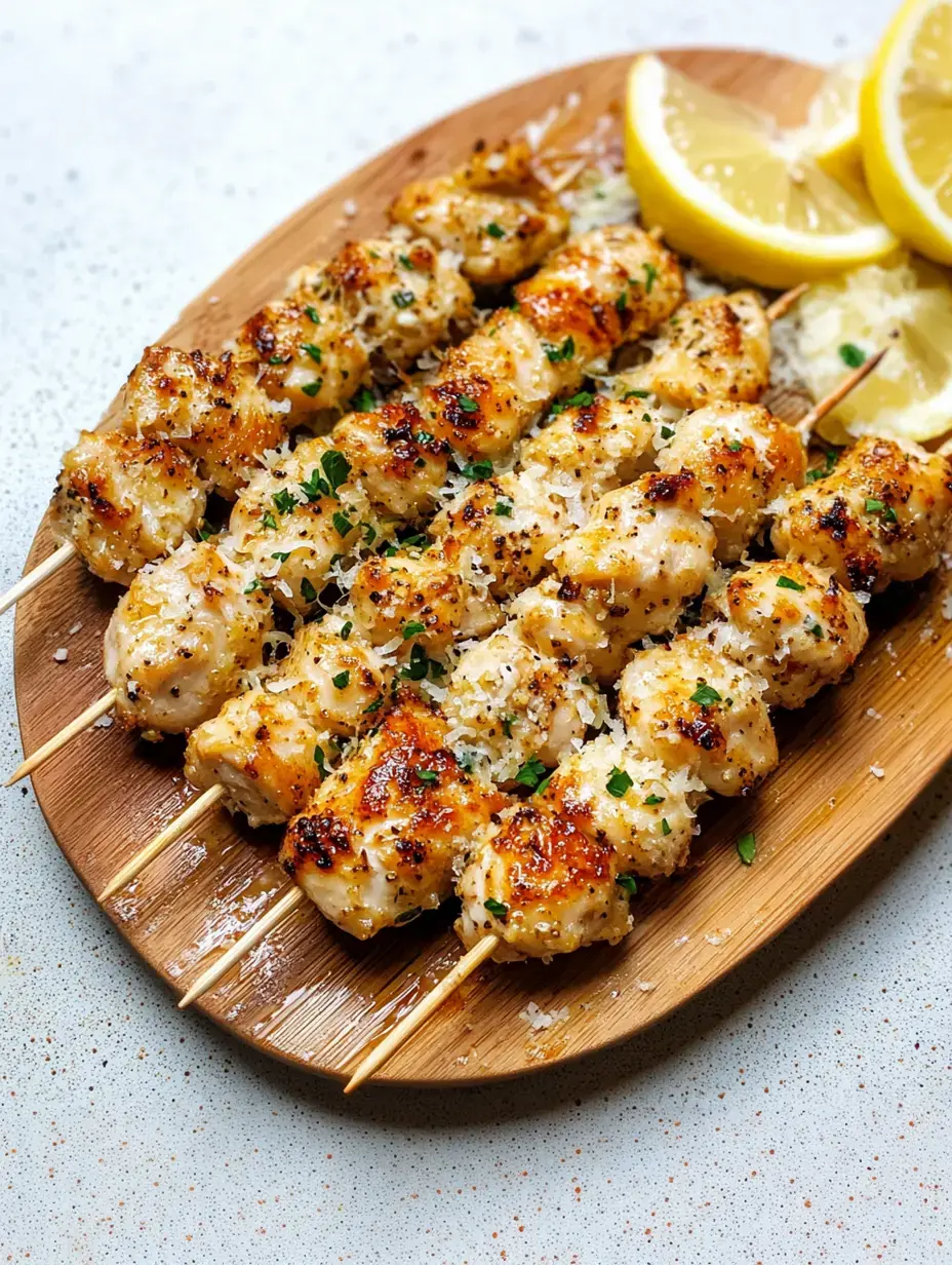 Grilled chicken skewers coated in a golden-brown seasoning, sprinkled with parsley and cheese, served on a wooden platter alongside lemon wedges.