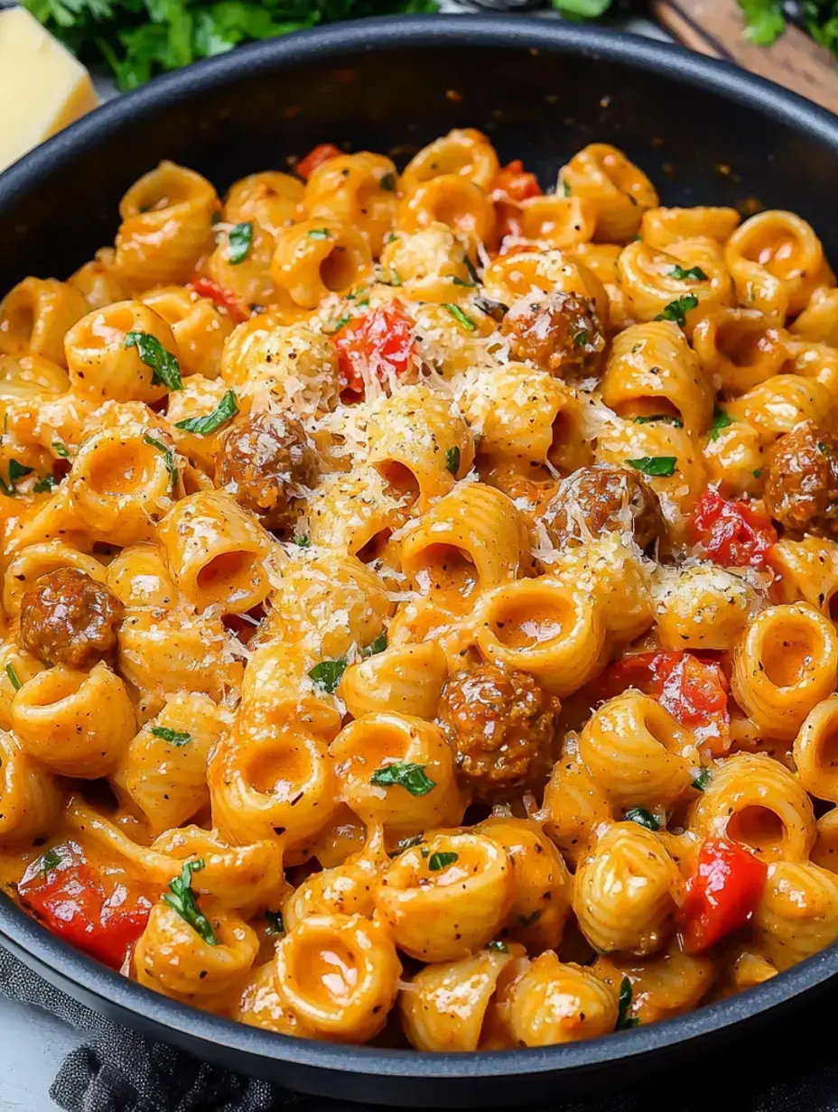 A close-up of a bowl of pasta adorned with meatballs, red peppers, herbs, and sprinkled with grated cheese in a creamy sauce.