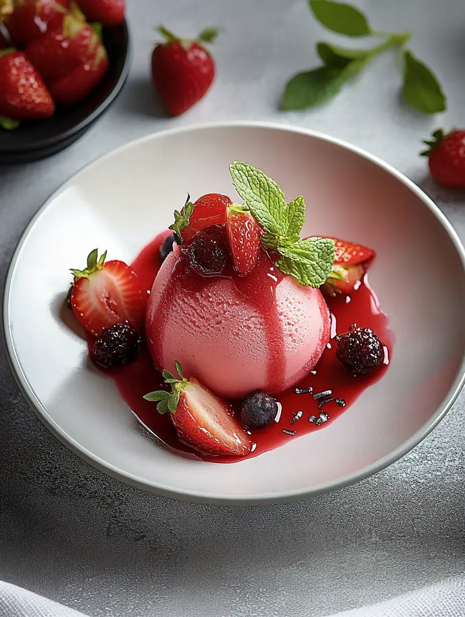 A scoop of pink dessert is topped with fresh strawberries, blueberries, and mint, served in a bowl with a berry sauce drizzle.