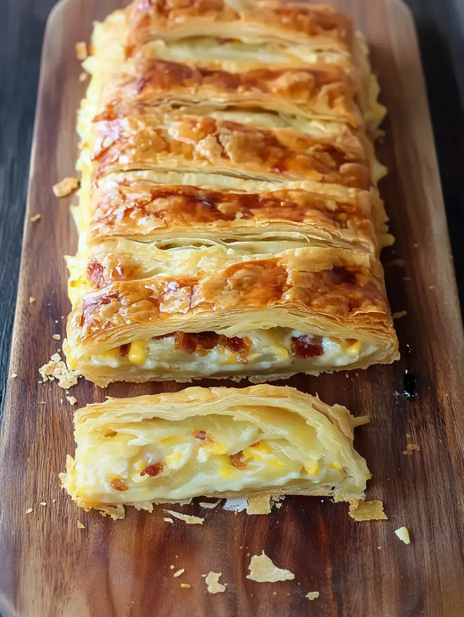 A freshly baked puff pastry loaf, sliced to reveal a creamy filling with bits of corn and bacon, is displayed on a wooden cutting board.