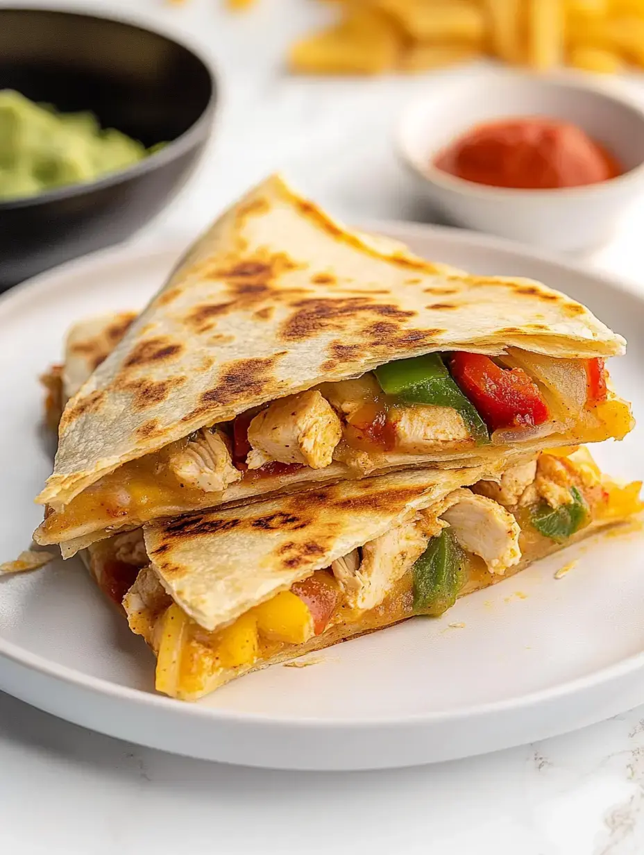 A close-up of a sliced quesadilla filled with chicken, bell peppers, and cheese, served on a plate with bowls of guacamole and salsa in the background.