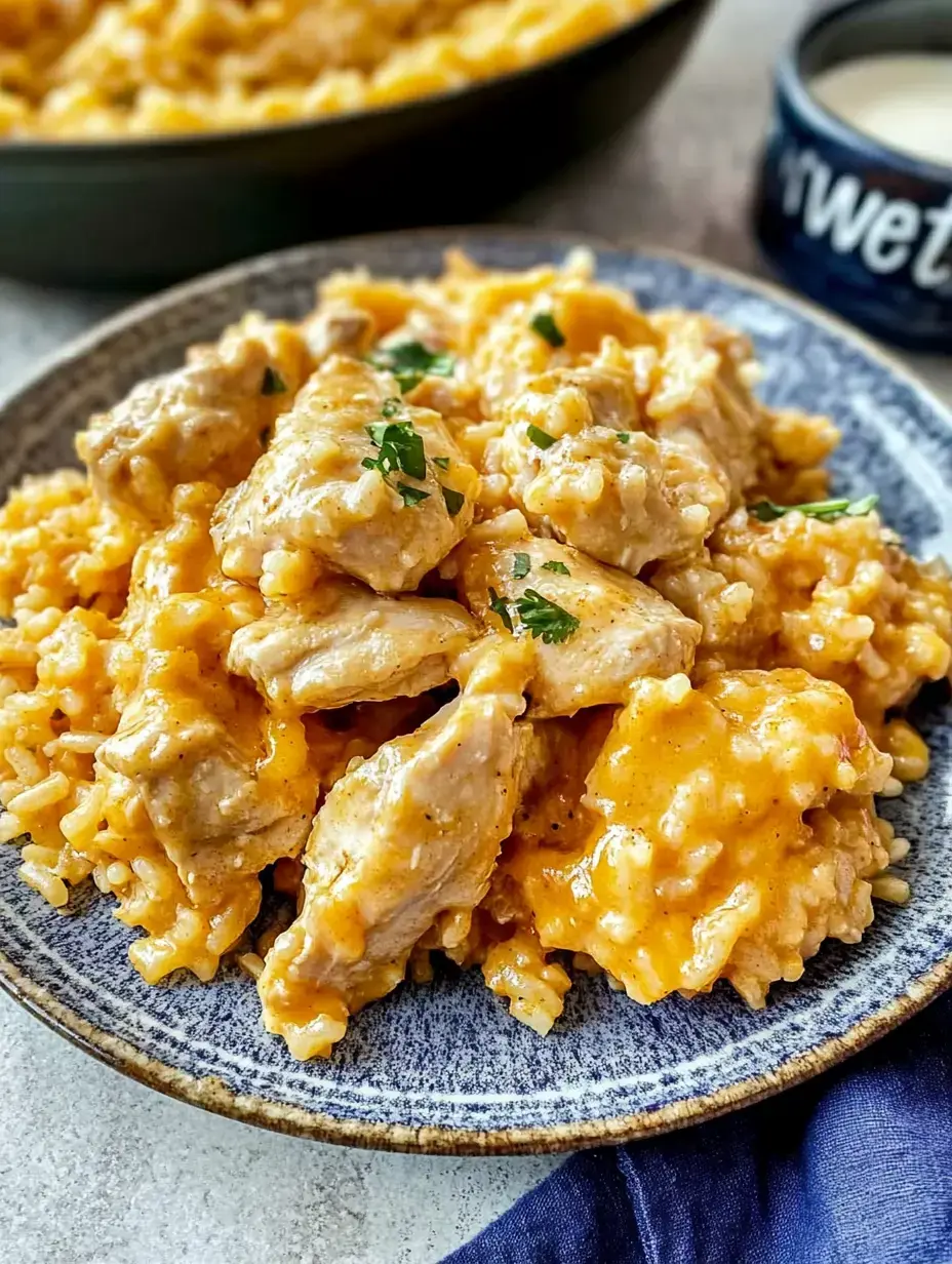 A plate of creamy chicken and rice is garnished with fresh parsley, with another serving in the background.