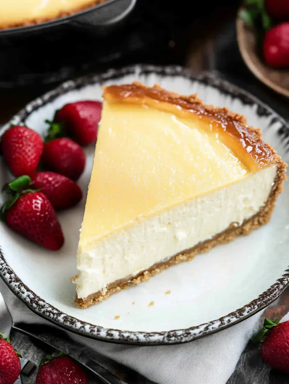 A slice of creamy cheesecake with a golden top is served on a plate alongside fresh strawberries.