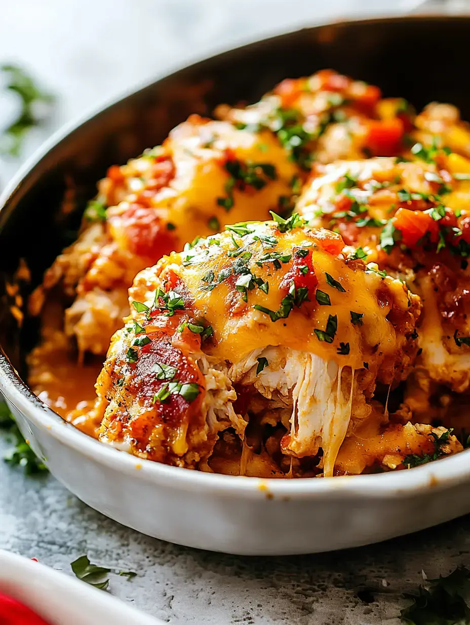 A close-up of a dish featuring cheesy baked chicken topped with diced tomatoes and fresh parsley.