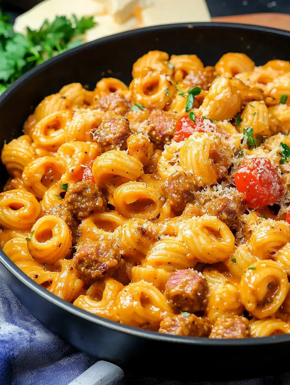 A close-up of a bowl of creamy pasta mixed with sausage, cherry tomatoes, and garnished with grated cheese and fresh herbs.