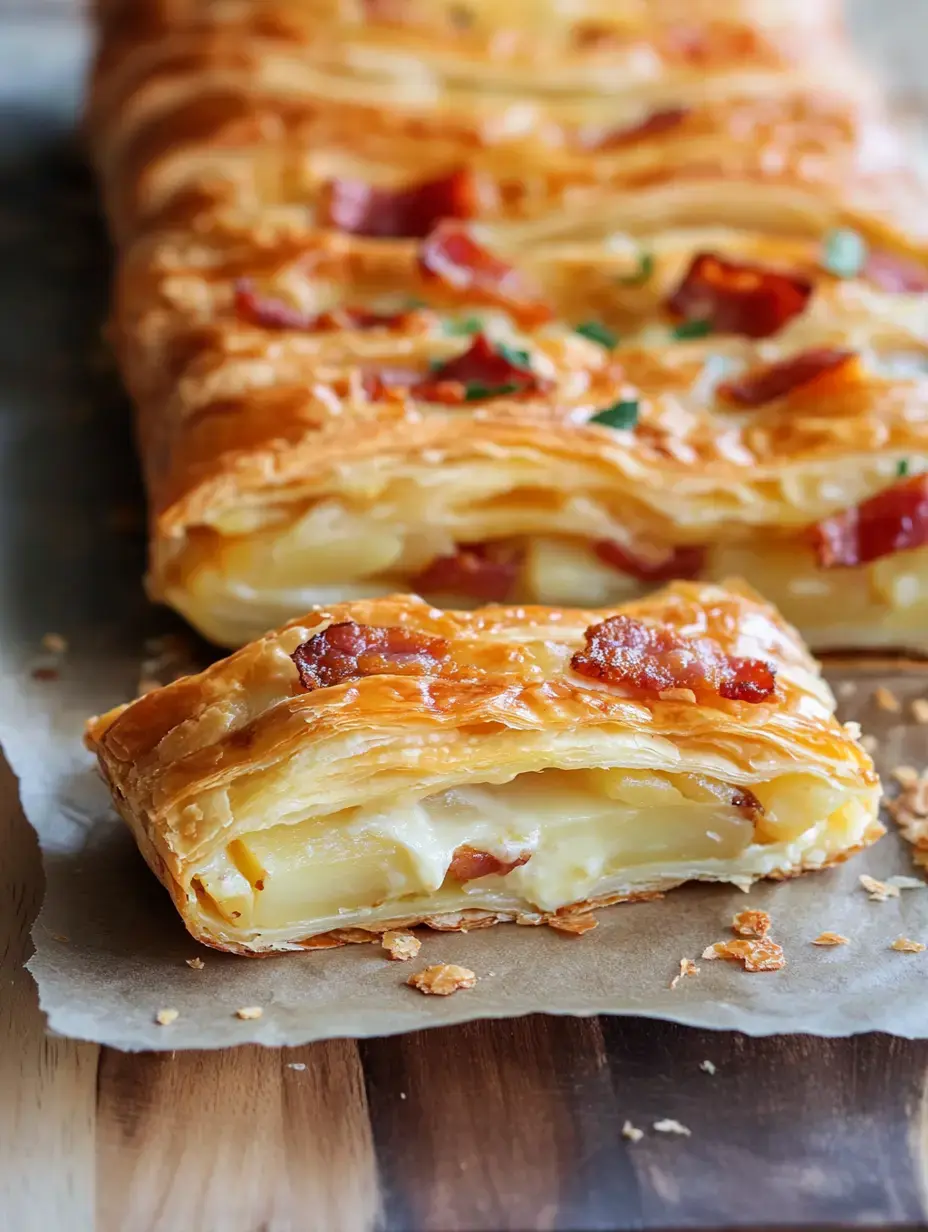 A flaky pastry filled with creamy cheese and small pieces of bacon, sitting on a wooden surface.