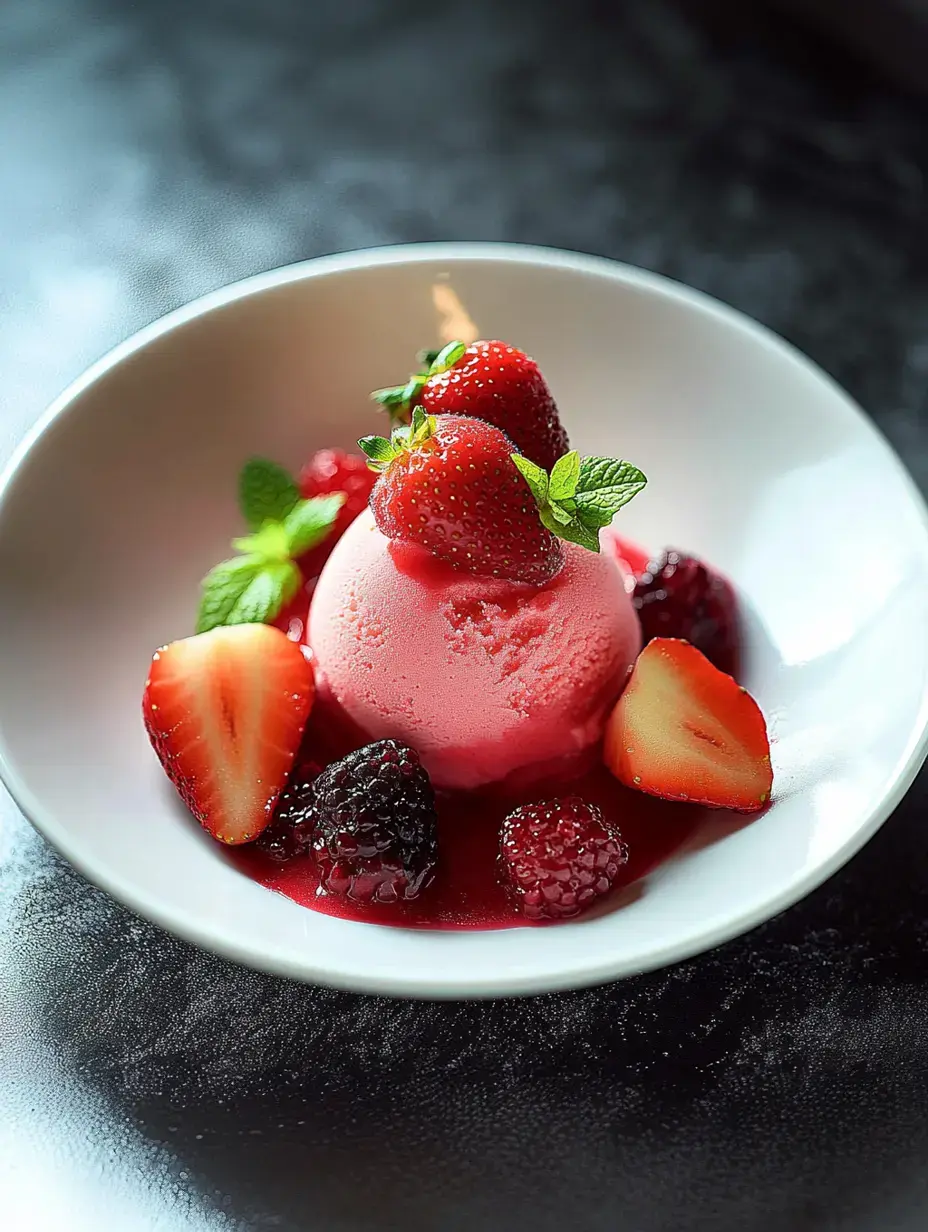 A bowl of pink strawberry ice cream topped with fresh strawberries, mint leaves, and berry sauce, surrounded by mixed berries.