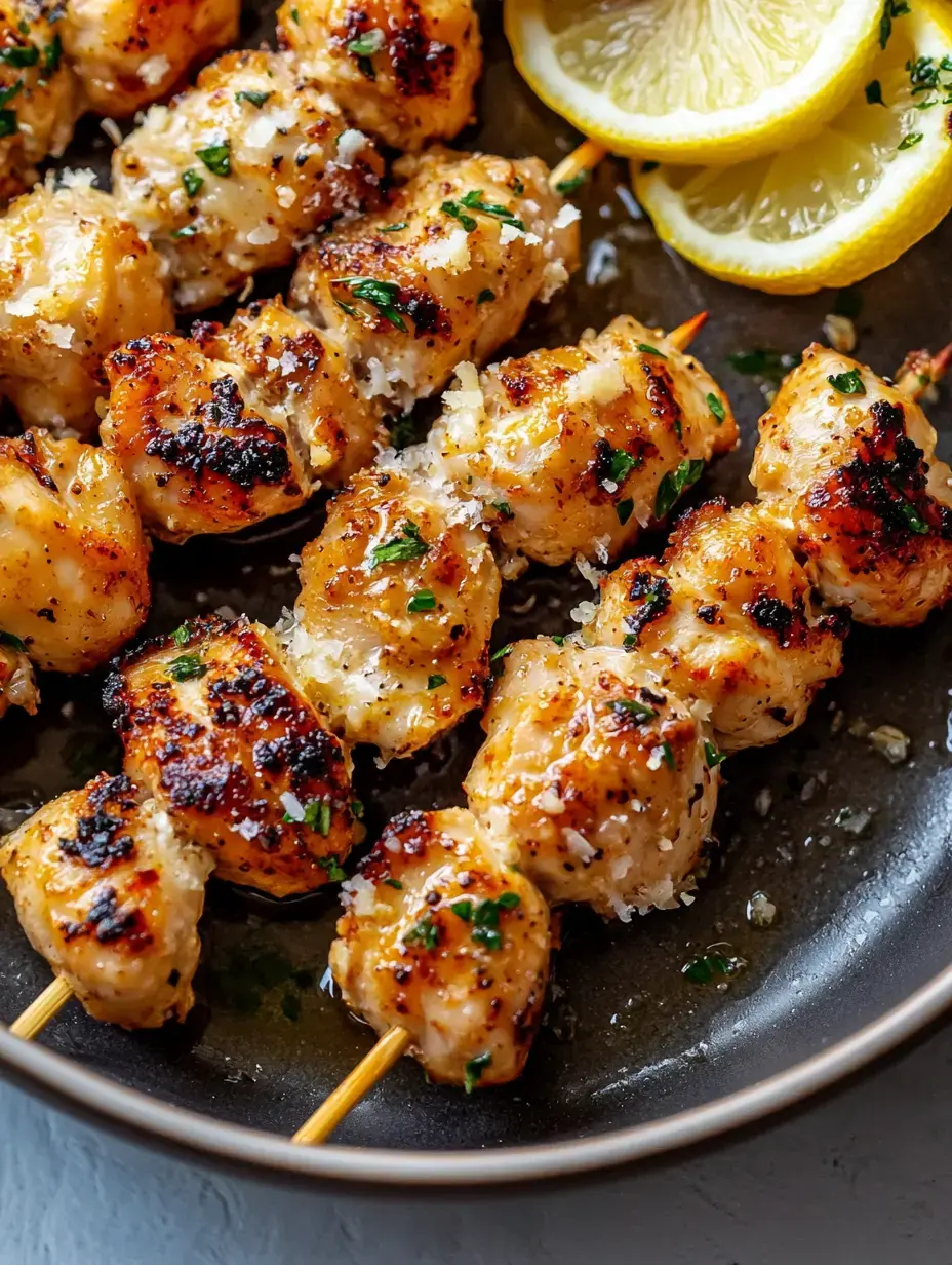 A plate of grilled chicken skewers garnished with herbs and sprinkled with cheese, accompanied by lemon slices.