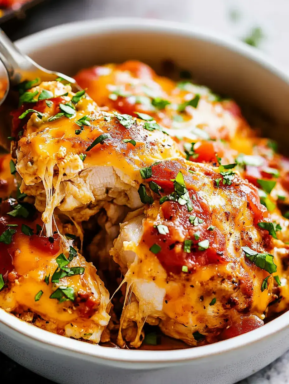 A close-up of a cheesy chicken dish topped with salsa and garnished with fresh herbs in a white bowl.