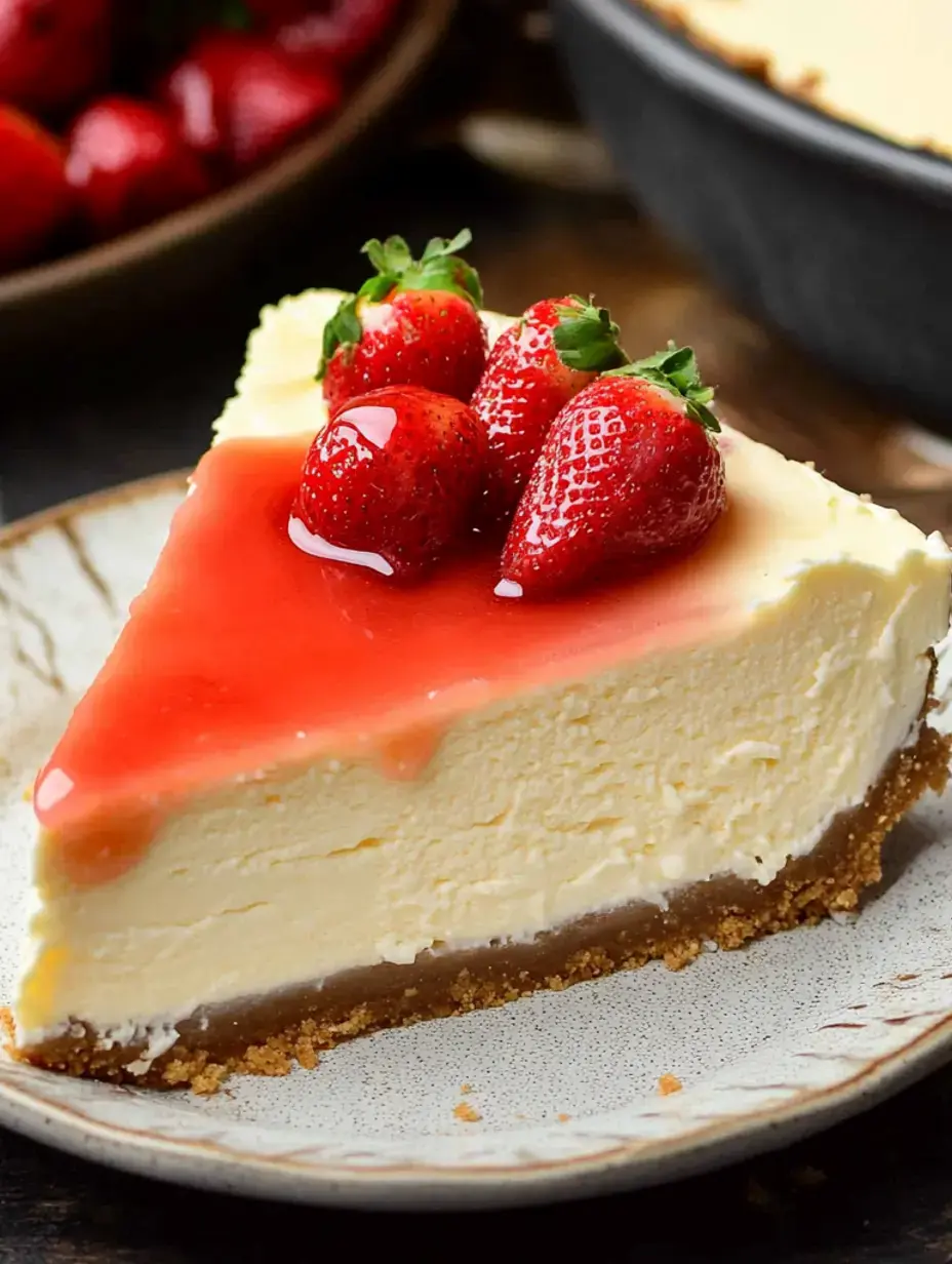 A slice of creamy cheesecake topped with strawberries and a glossy strawberry glaze, served on a decorative plate.