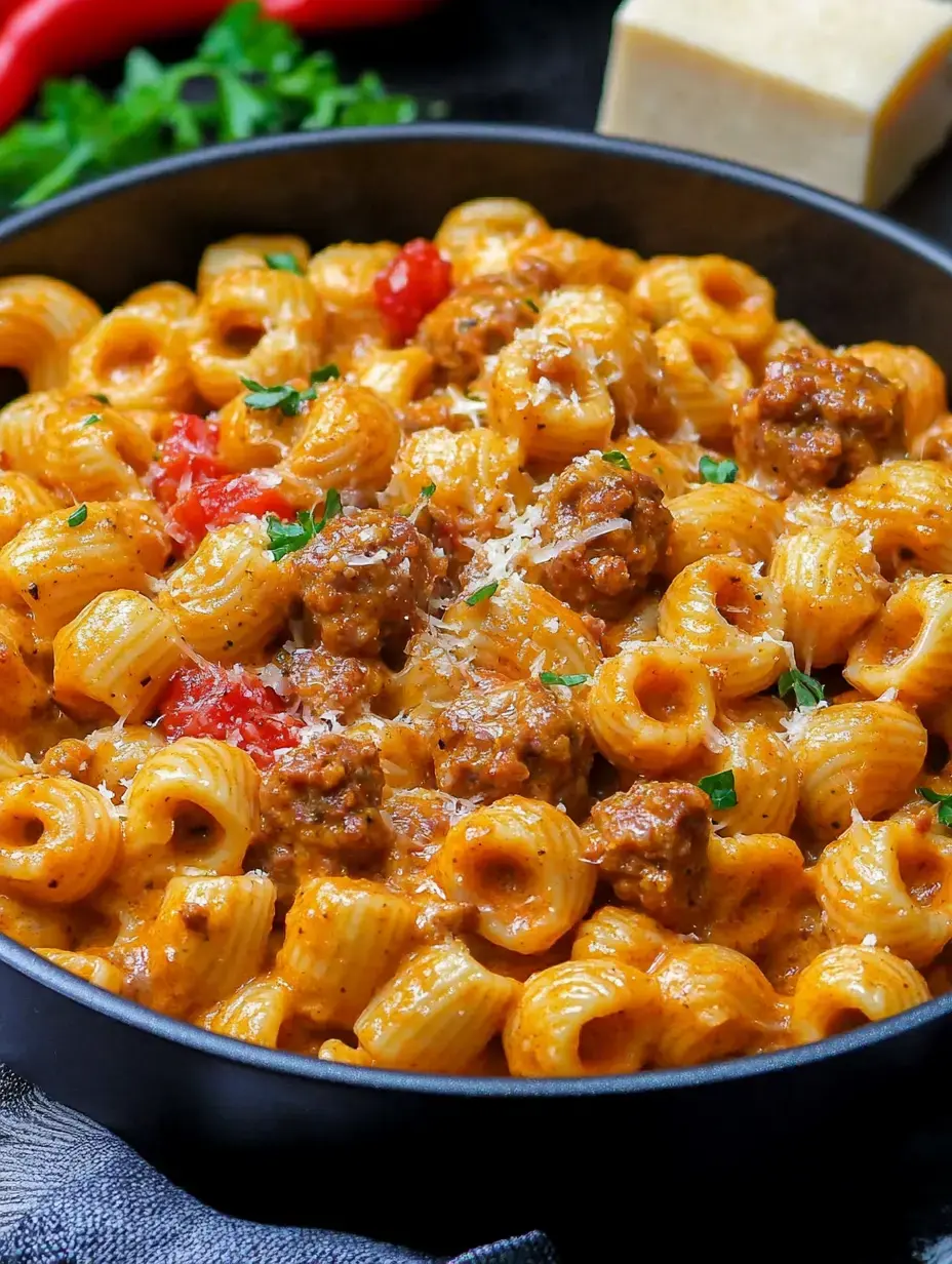 A hearty bowl of pasta with meatballs, tomatoes, and a creamy sauce, garnished with fresh herbs and parmesan cheese.