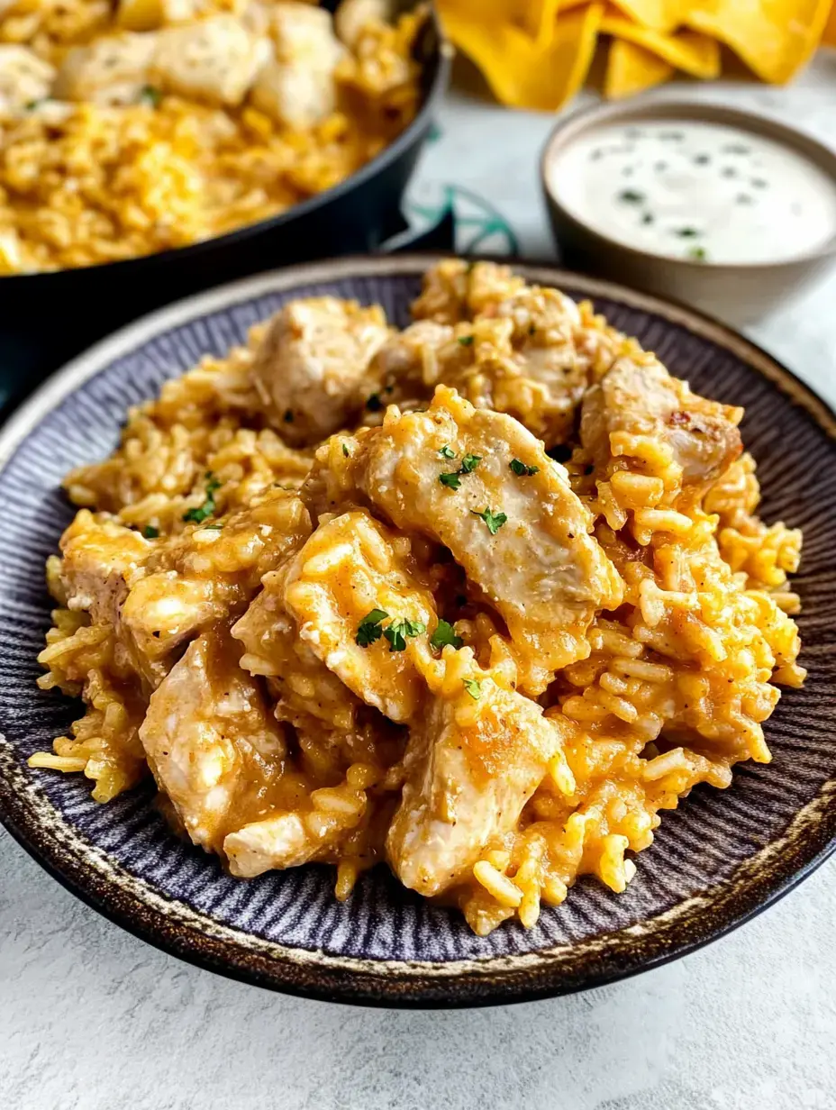 A bowl of creamy chicken and rice dish garnished with parsley, accompanied by a side of dipping sauce.