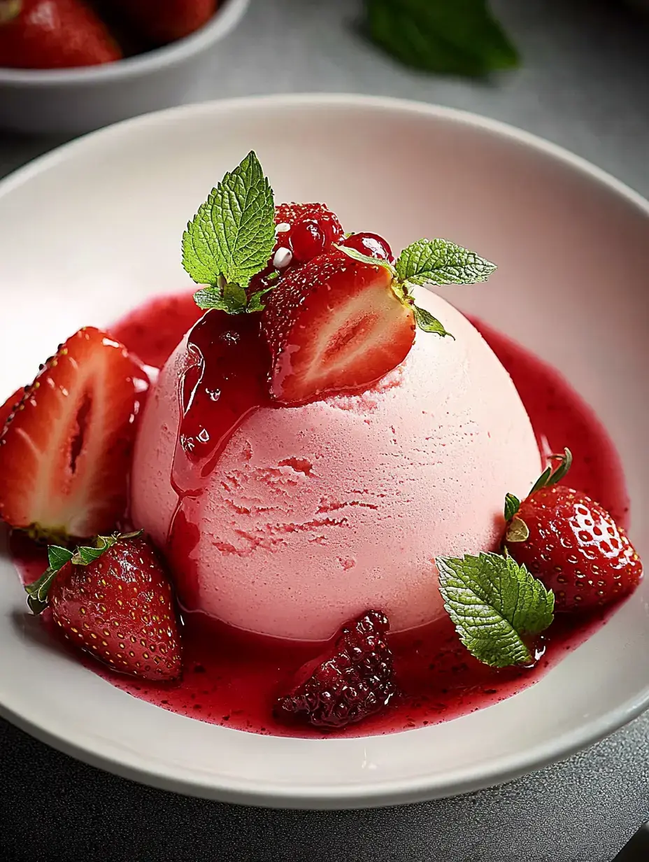 A scoop of strawberry ice cream is garnished with fresh strawberries, mint leaves, and a drizzle of berry sauce on a white plate.