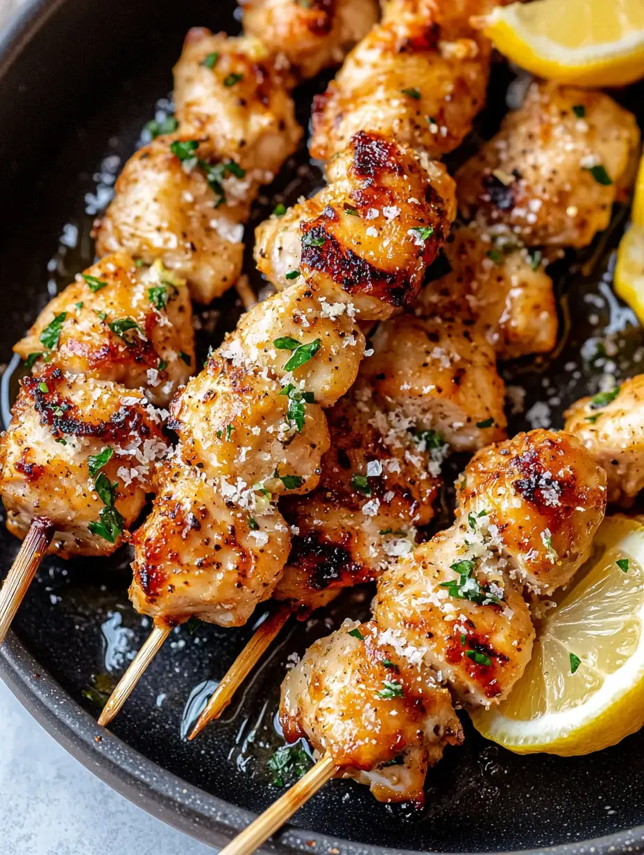 Grilled chicken skewers garnished with parsley and lemon wedges on a dark plate.