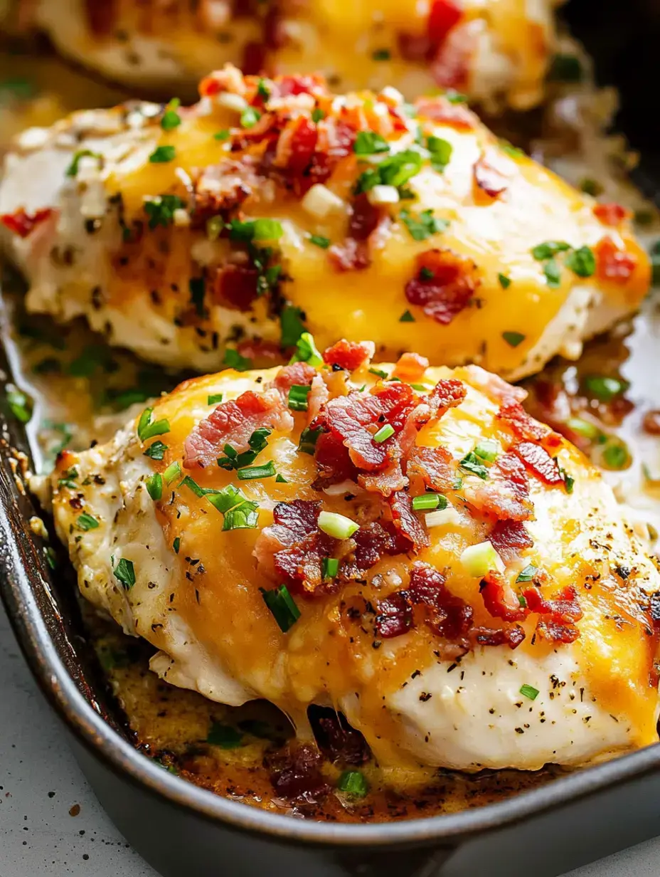 Baked chicken breasts topped with melted cheese, crispy bacon, and chopped green onions in a serving dish.