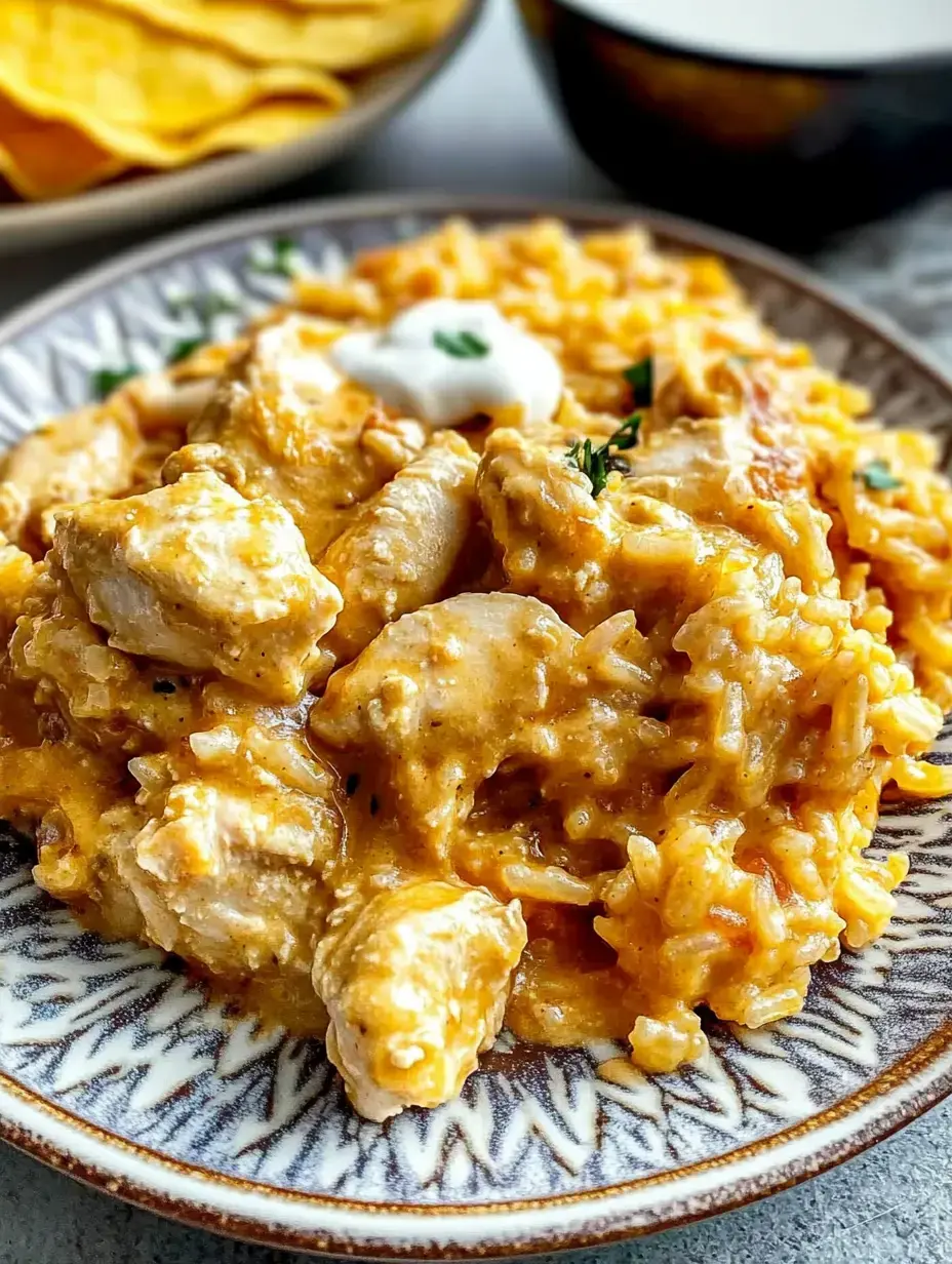 A close-up of a plate featuring creamy chicken and rice, garnished with a dollop of sour cream and herbs, alongside tortilla chips in the background.