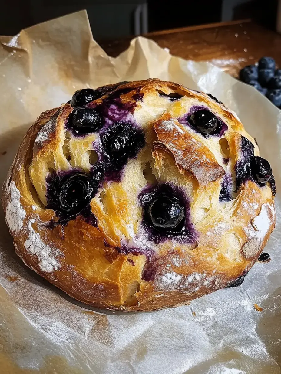 A freshly baked loaf of bread studded with blueberries, resting on parchment paper, dusted with flour.