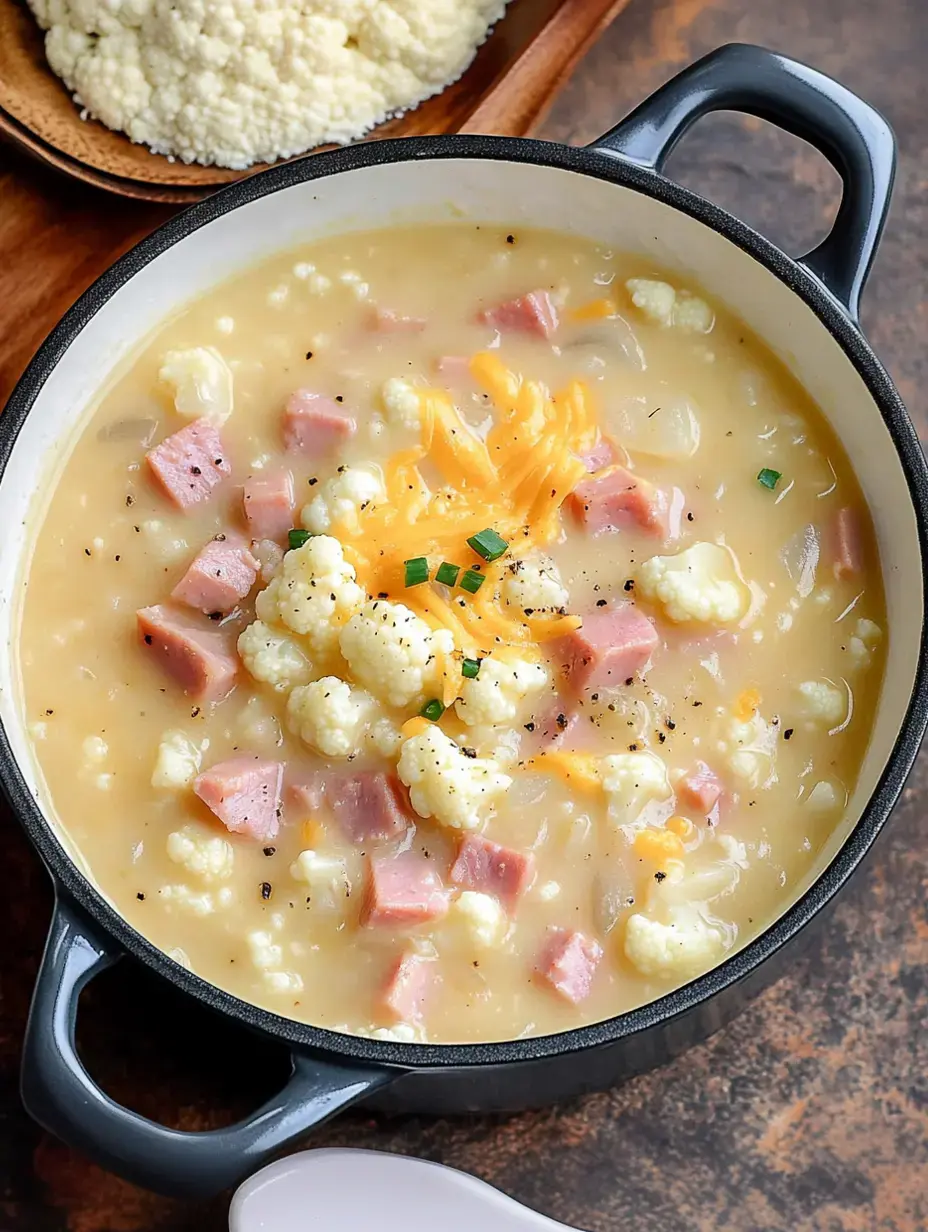 A creamy soup with cauliflower, diced ham, and shredded cheddar cheese is served in a black pot, alongside a dish of fluffy couscous.