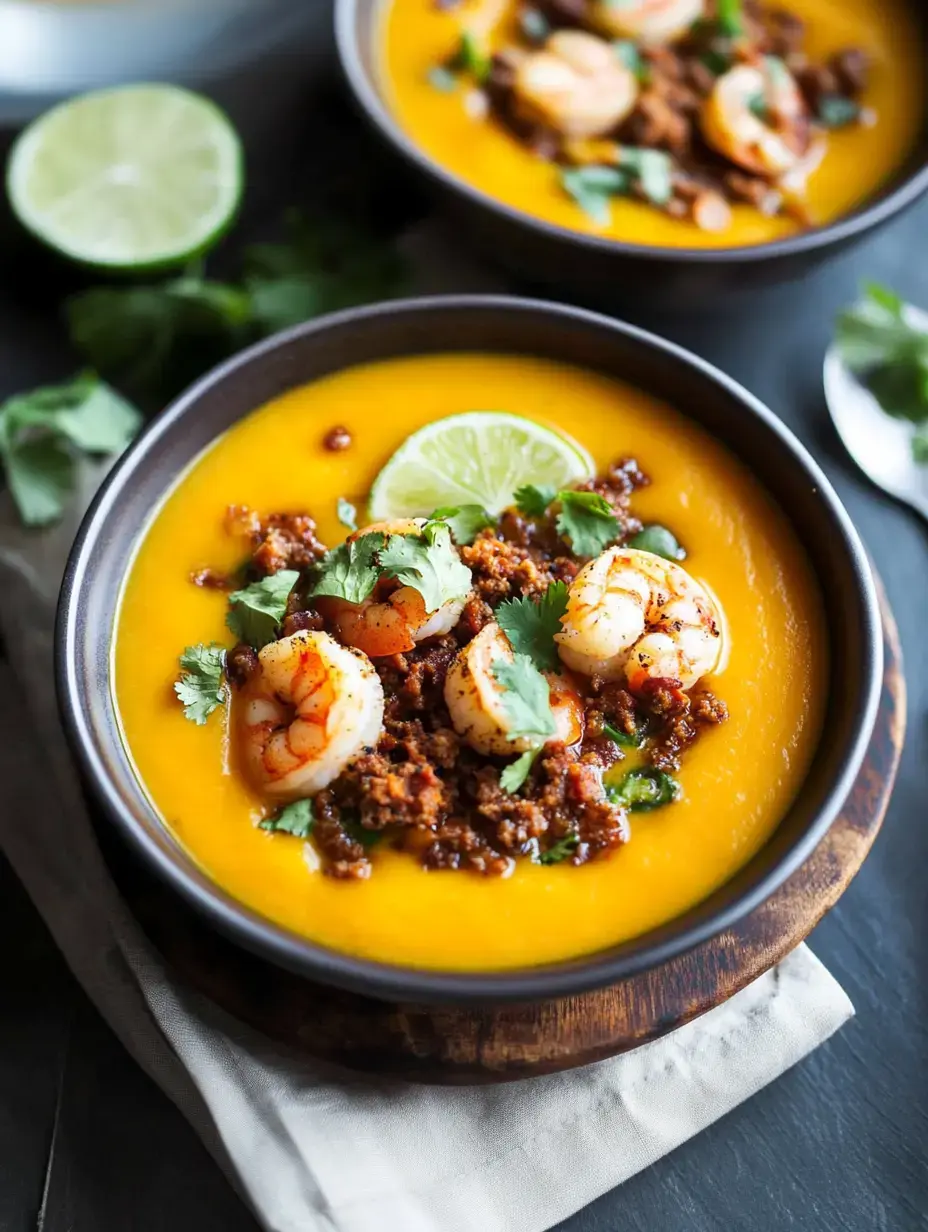 A close-up of a creamy orange soup topped with shrimp, spiced meat, cilantro, and a lime wedge, served in a dark bowl on a wooden surface.