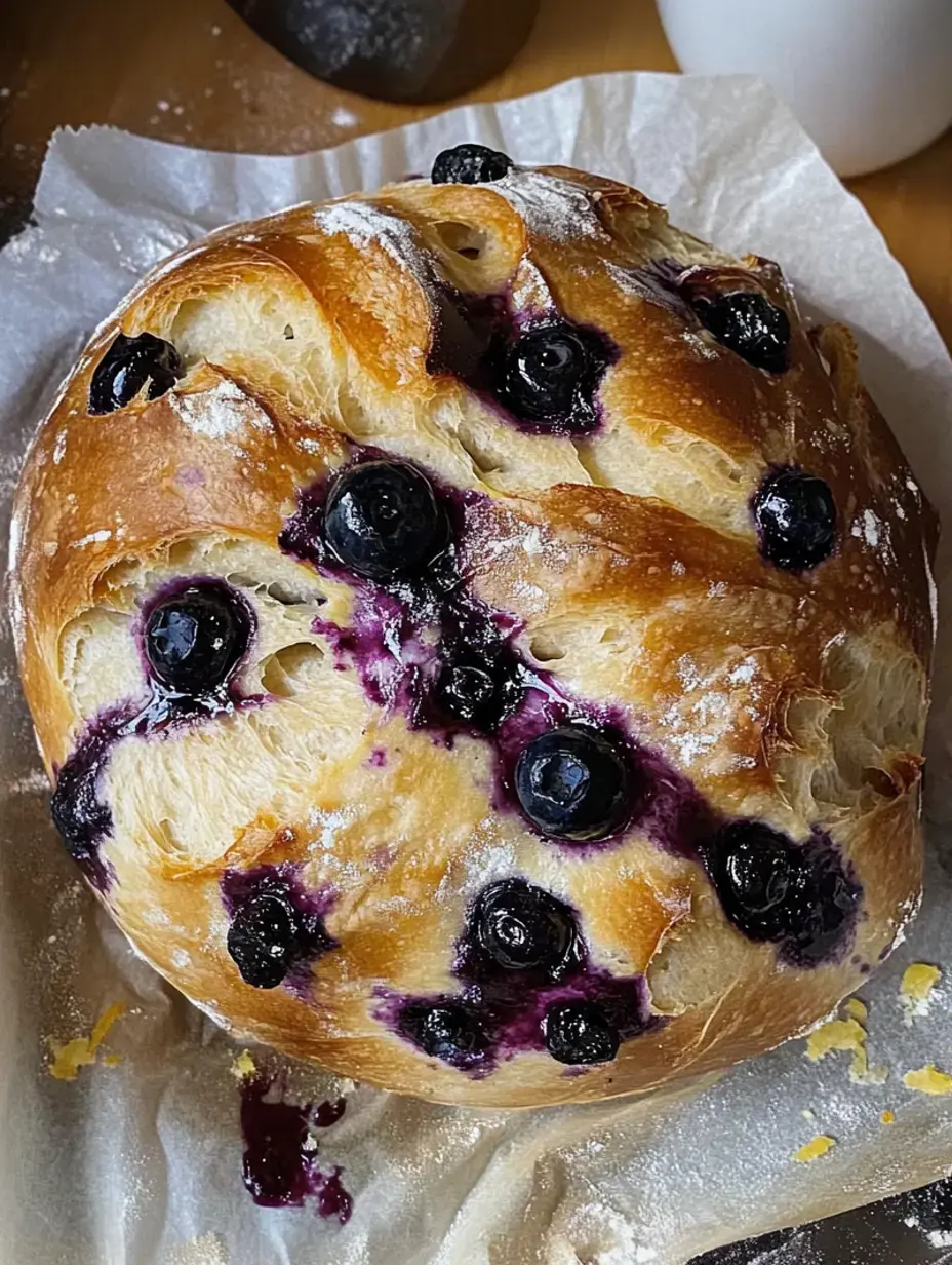 A freshly baked bread loaf studded with blueberries and a glossy berry glaze, dusted with flour on a parchment-lined surface.