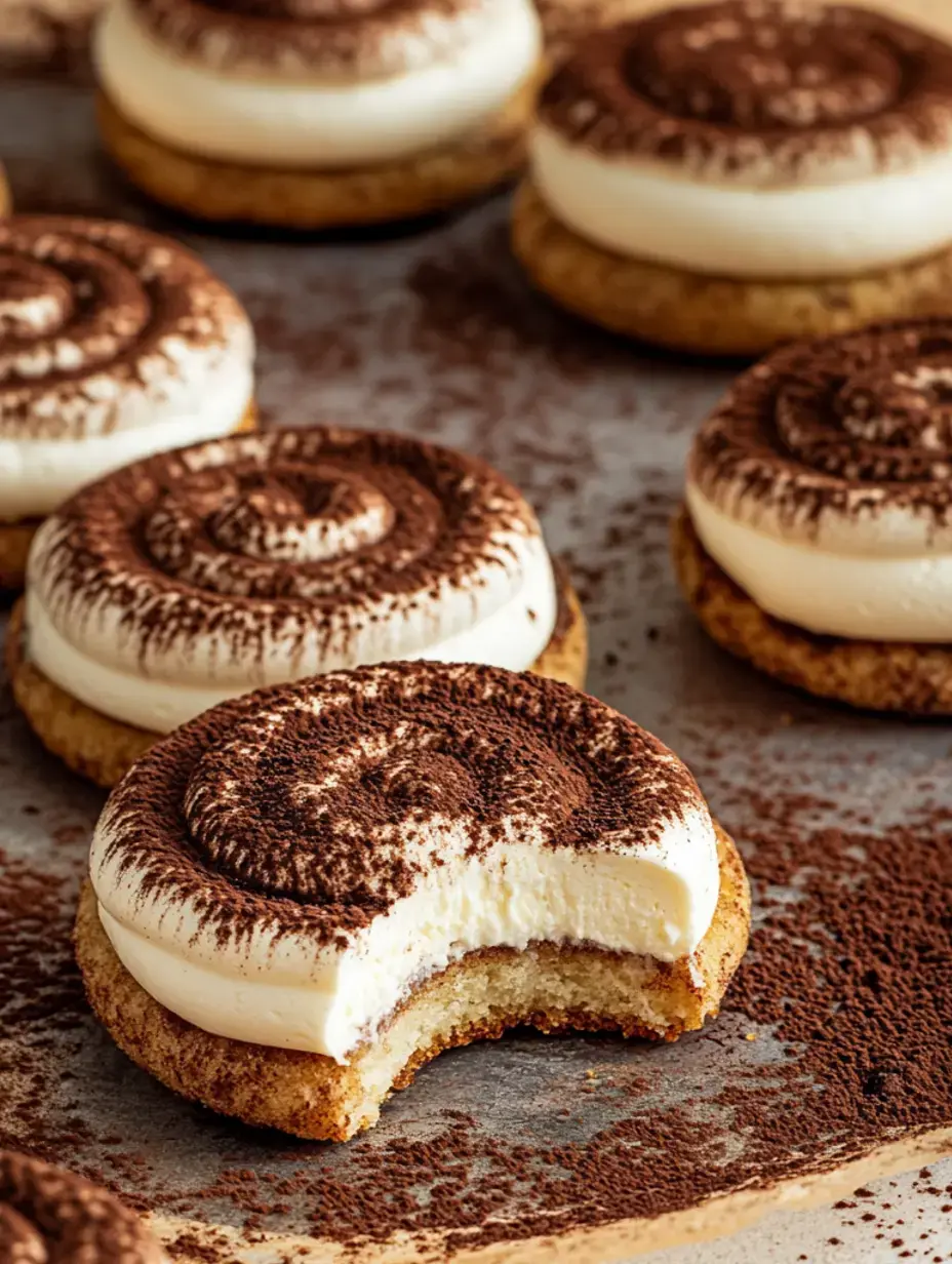 A close-up of cookies topped with creamy frosting and cocoa powder, with one cookie showing a bite taken out.