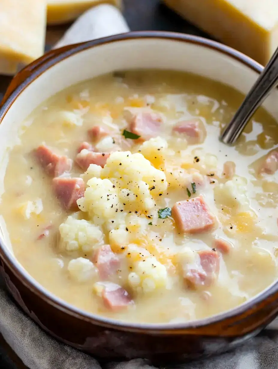 A bowl of creamy soup with cauliflower, chunks of ham, and sprinkled black pepper.